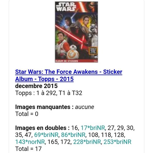 Star Wars: The Force Awakens - Sticker Album - Topps - 2015 - Liste Des Images Pour Un Lot