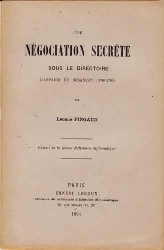 Une Négociation Secrète Sous Le Directoire, L'affaire De Besançon 1795-96