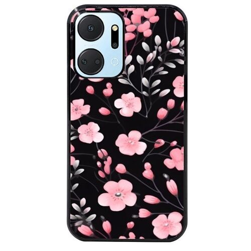 Coque Noire Pour Honor X7a Fleur Noire Et Rose