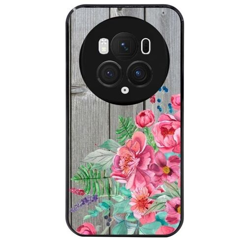 Coque Noire Pour Magic 6 Pro Bois Gris Fleur Rose