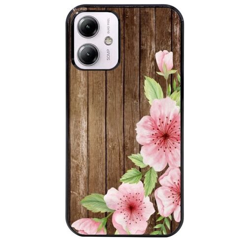 Coque Noire Pour Moto G54 Bois Fleur Rose