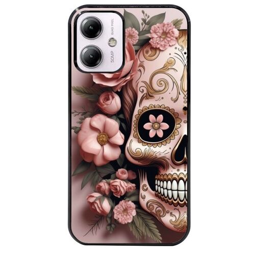 Coque Noire Pour Moto G54 Tete De Mort Calavera Rose