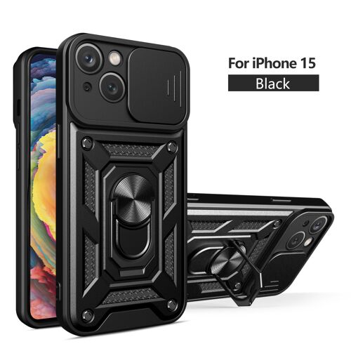 Coque pour iPhone 15 Couvercle Coulissant la Lentille Etui iPhone 15 magnetic ring Arrière de Téléphone Antichoc Dur - Noir