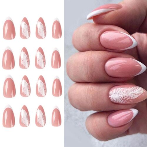 Faux-Ongles Français En Forme De Plume, 24 Pièces, À Pression, Bricolage, Bord Blanc, Longs, En Amande 