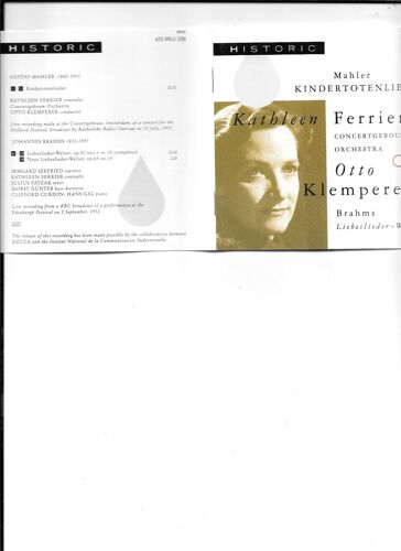 Kathleen Ferrier Contralto Gustav Mahler Kindertotenlieder Brahms Liebeslieder-Walzer Op 52 Neue Op 65 Par Concertgebouw Klemperer Irmgard Seefried Julius Patzak Hörst Gunter Clifford Curzon Hans Gal