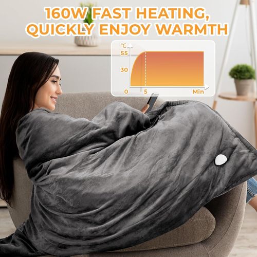 Couverture Chauffante, 180x130 cm 160W Plaid Chauffant Electrique Rapide avec arrêt Automatique, 6 Niveaux de Chauffage, Minuterie de 1-9H, Lavable en Machine, Gris