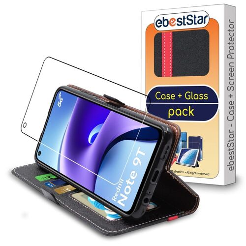 Ebeststar - Coque + Film Verre Pour Xiaomi Redmi Note 9t 5g Etui Housse Portefeuille Pu Cuir Porte-Cartes, Noir / Rouge [Dimensions Precises Smartphone : 161.2 X 77.3 X 9.1 Mm, Écran 6.5''] [Nb: Lire Description]