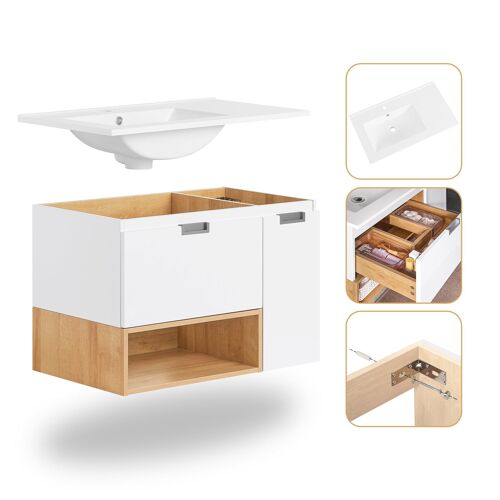 Meuble suspendu pour lavabo avec 1 tiroir et 1 porte effet bois