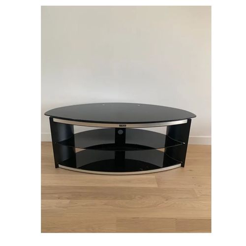 Console Meuble Design Multimedia Télé 81 À 127cm 3 Étagères Verre Et Metal Courbes Ellipse Appareil Électronic Tablette Max 50kg Armature Central Passe-Câble Matériau Qualité Style Moderne Noir Pratic