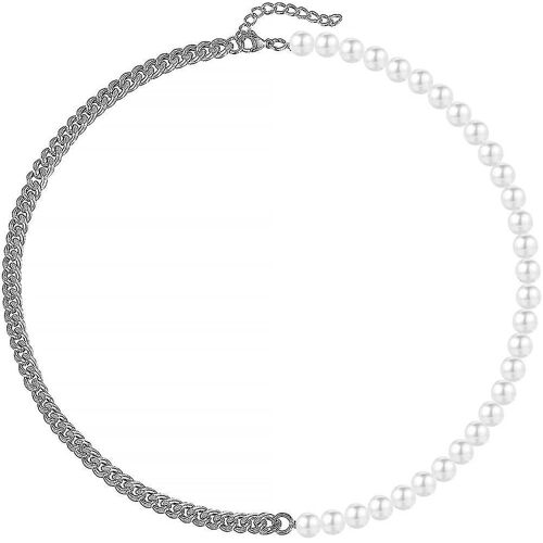 Collier De Perles Pour Hommes Demi Perle Demi Collier Chaîne En Acier Inoxydable Argent Wuqx