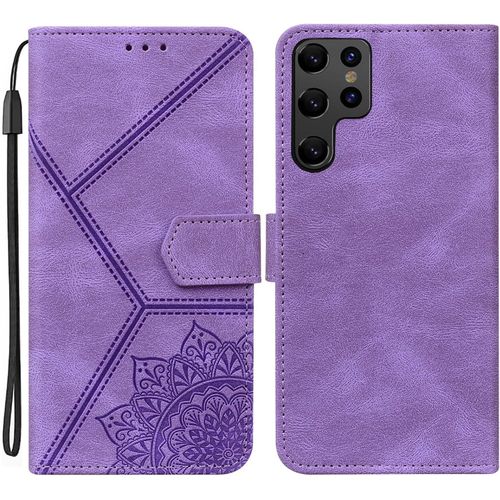 Coque Pour Samsung Galaxy S22 Ultra 5g, Pu Cuir A Rabat Flip Housse Etui Pour Samsung S22 Ultra 5g Avec Motif Dessin Mandala Fleur, Etui Case Antichoc Cover Portefeuille, Violet