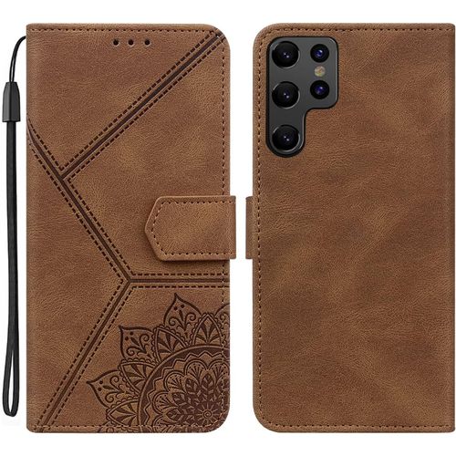Coque Pour Samsung Galaxy S22 Ultra 5g, Pu Cuir A Rabat Flip Housse Etui Pour Samsung S22 Ultra 5g Avec Motif Dessin Mandala Fleur, Etui Case Antichoc Cover Portefeuille, Brun