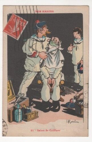Carte Postale Ancienne Gervese Nos Marins Salon De Coiffure 1919 Moustache Pompon Rouge Rasoir Barbier Marin