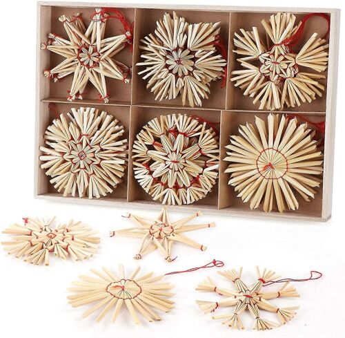 Étoile de paille Le sapin de Noël, 24 étoiles de paille festives - Pendentif en paille naturelle pour décorations d'arbre de Noël, décorations de Noël - Avec une beauté