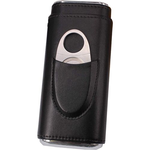 Humidor en cuir de haute qualité (noir) pouvant contenir jusqu'à 3 cigares Humidor couvert de cigares avec coupe-cigare en argent
