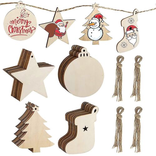 40 Pcs Décorations suspendues en bois, 4 types Bricolage Artisanat En bois Décorations suspendues pour peindre avec 40 Pcs Cordes pour décorations de Noël Ch