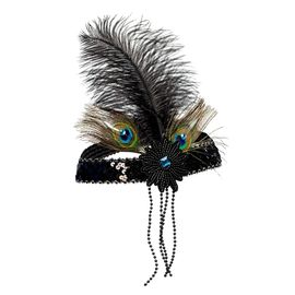 Bandeau Charleston Plumes Paon Strass Noir Femme