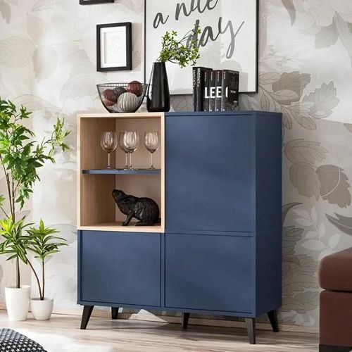 Buffet Bas Komodee Fondi, Style Scandinave, Bleu, Bois Clair, 90 X 35 X 102 Cm