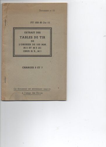 Extrait Des Tables De Tir De L'obusier De 105 Mm M2 Et M2 A1, Obus H.E., M1. Charles 5 Et 7