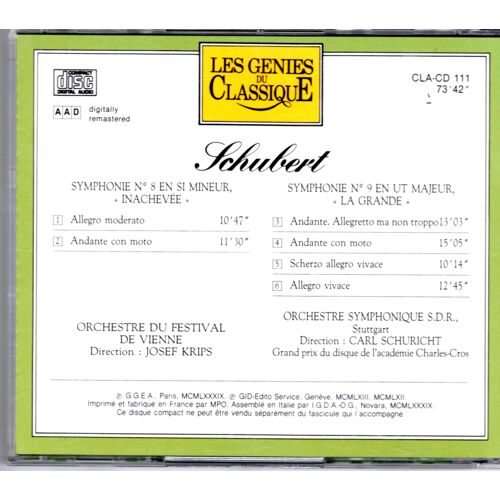Franz Schubert 1797-1828 : Symphonie N°9 En Ut Majeur D 944 La Grande Par Orchestre Symphonique S.D.R Stuttgart Dir Carl Schuricht Grand Prix Du Disque De L'académie Charles Cros