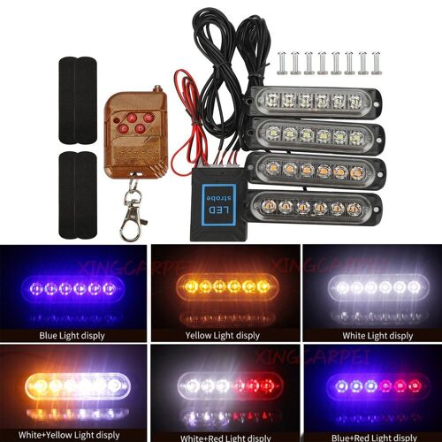 4 Pièces 6 Led Flash Lumière Stroboscopique Avertissement D'urgence Lampe Barre Kit Pour Voiture Auto Camion Suv Moto Luces Led Lampe De Poche + Télécommande Nouveau