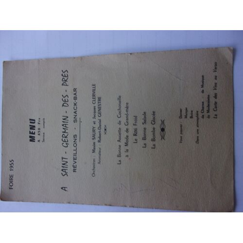 Menu Saint Germain Des Pres 1955