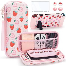 (Rose Fraise) Magnifique Étui De Transport Pour Nintendo Switch Oled 2021 En Rose Avec Étui De Voyage, Étui Pour Pc, Bandoulière Réglable, Poignée Pour Le Pouce, Protecteur D'écran.