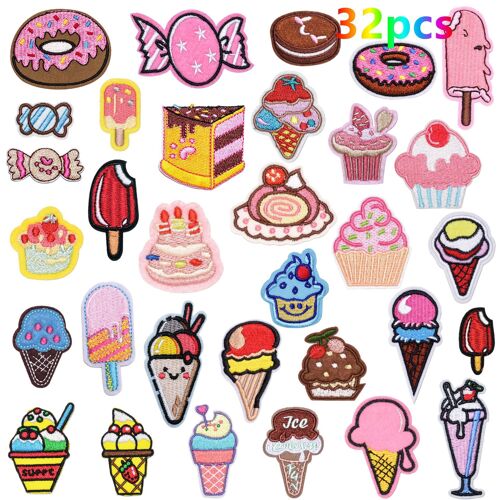 32 Iron-On Patches For Cakes And Sweets Ice Cream, Embroidered Applique Stickers Sewing Patches And Badges Fabric Repair Patches For Children's Clothing Jeans Jackets Shoes Backpacks T-Shirts