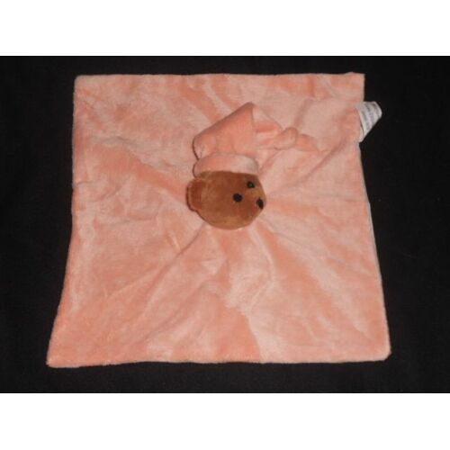 Doudou Ours Plat Carré Ours Marron - Bonnet De Nuit - Rose Saumon Et Dessous Tissu Blanc - Parents