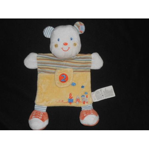 Doudou Plat Ours Jaune Orange - Motif Train - 2 B Brodés - Grelot - Nicotoy Kiabi