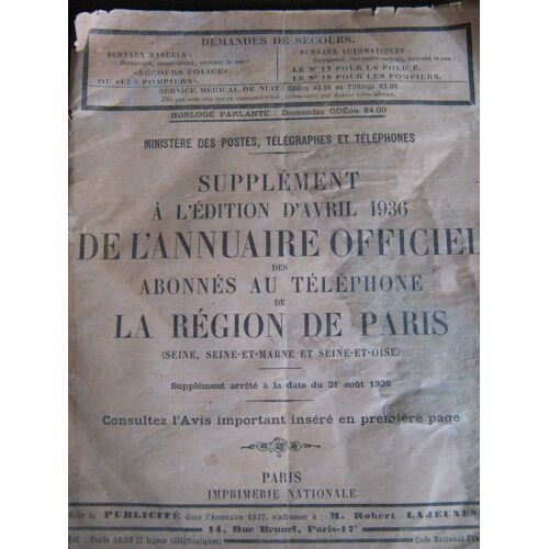 Supplement A L'edition D'avril 1936 De L'annuaire Officiel Région De Paris