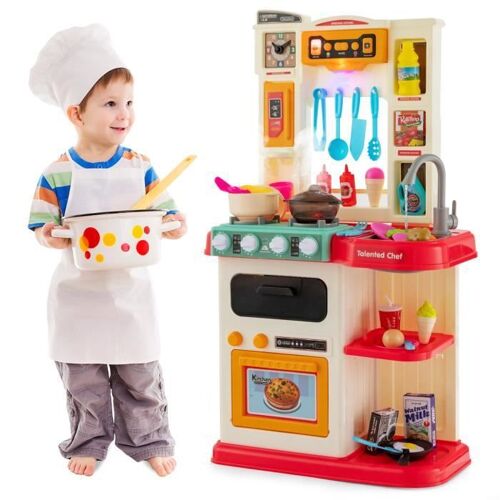 Cuisine Enfants COSTWAY 38 Accessoires, Jouet Dînette, Lumières et Sons Réalistes, Cadeaux de Noël - d'Anniversaire 3 Ans+ Rouge
