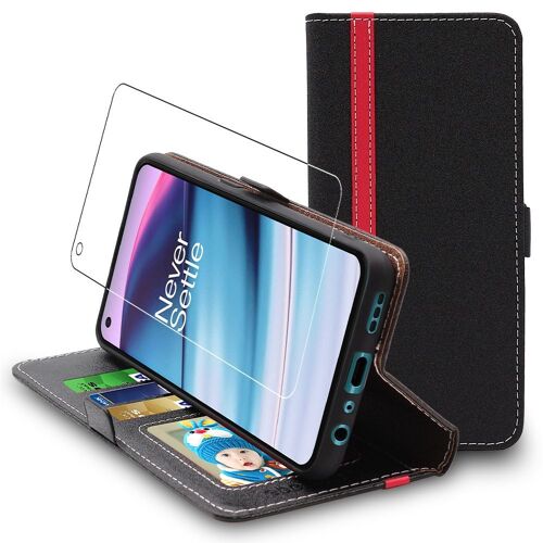 Ebeststar - Coque + Film Verre Pour Oneplus Nord Ce 5g Etui Portefeuille Pu Cuir Porte-Cartes, Noir / Rouge [Dimensions Precises Smartphone : 159.2 X 73.5 X 7.9 Mm, Écran 6.4''] [Nb: Lire Description]
