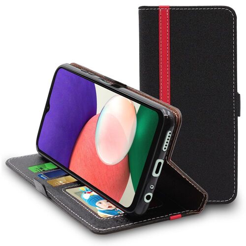 Ebeststar - Coque Pour Samsung Galaxy A22 5g Etui Housse Portefeuille Pu Cuir Porte-Cartes, Noir / Rouge [Dimensions Precises Smartphone : 167.2 X 76.4 X 9 Mm, Écran 6.6'']