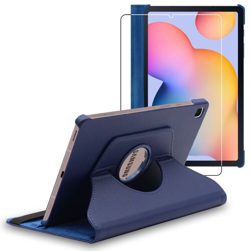 Ebeststar - Coque + Film Verre Samsung Galaxy Tab S6 Lite 10.4" P610 P615 Housse Protection Vitre Pu Cuir Support Rotatif 360, Bleu Foncé [Dimensions Tablette : 244.5 X 154.3 X 7 Mm, Écran 10.4'']