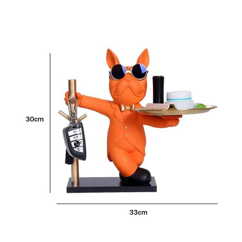 Orange - Avec étagère - Statue de bouledogue français en résine, Figurine de chien, Décoration de sculpture décorative, Rangement en métal, Porte-clés d'entrée