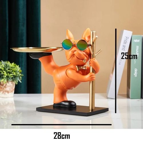Orange 2 - Avec étagère - Statue de bouledogue français en résine, Figurine de chien, Décoration de sculpture décorative, Rangement en métal, Porte-clés d'entrée