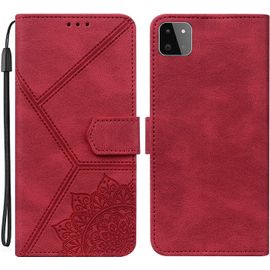 Coque Pour Samsung Galaxy A22 5g, Pu Cuir A Rabat Flip Housse Etui Pour Samsung A22 5g Avec Motif Dessin Mandala Fleur, Etui Case Antichoc Cover Portefeuille, Rouge
