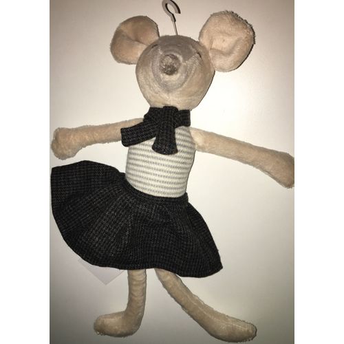 Doudou Souris Bouchara 30cm Jupe Echarpe Tweed Noir Gris  Jouet Eveil Bebe Naissance 