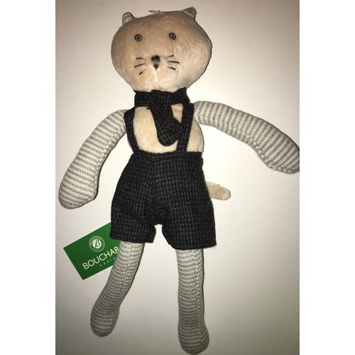 Doudou Chat Bouchara 31cm Jouet Bebe Eveil Naissance Chadou Echarpe Bermuda Bretelles Noir Gris Carreaux Bras Rayes
