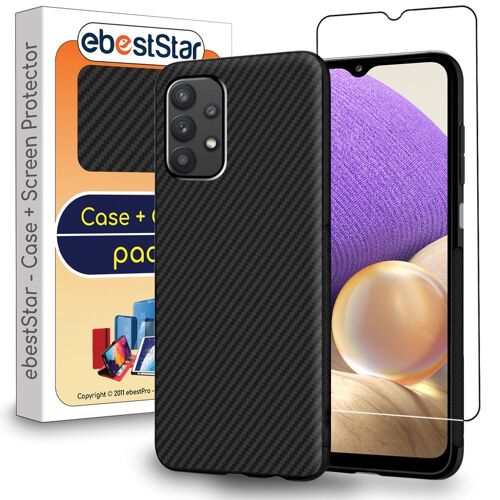 Ebeststar - Coque + Film En Verre Trempé Pour Samsung Galaxy A32 5g Etui Vitre Motif Fibre Carbone Design, Noir [Dimensions Precises Smartphone : 164.2 X 76.1 X 9.1 Mm, Écran 6.5''] [Nb: Lire Description]