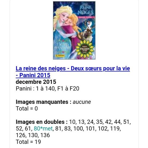 La Reine Des Neiges - Deux Soeurs Pour La Vie - Panini 2015- Liste Des Images Pour Un Lot
