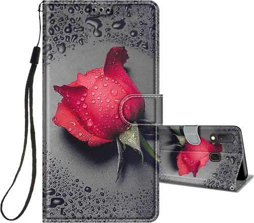 Coque Pour Samsung Galaxy A20e Cuir A Rabat Etui Folio Portefeuille Pour Filles Femme, Housse Cuir Fentes Pour Cartes Etui Antichoc 360 Degres Cover Silicone - Rose/Rouge