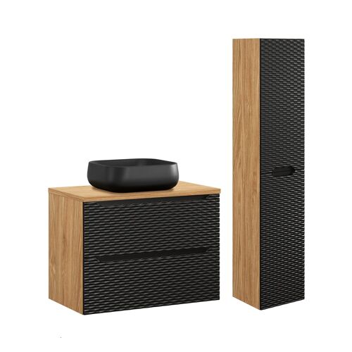 Ensemble meuble vasque colonne stratifiés noir et beige