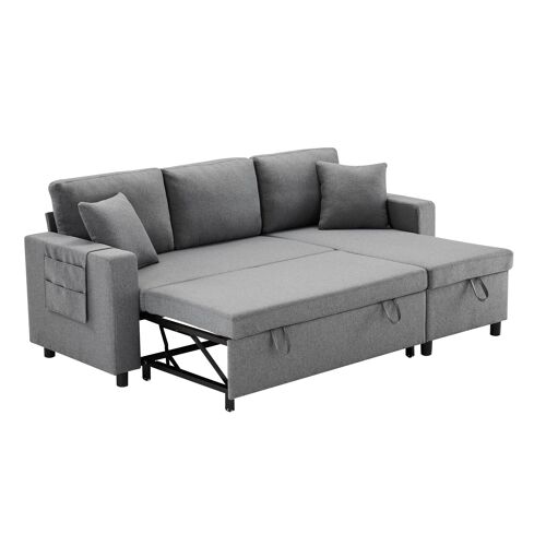 Canapé D'angle 3 Places Convertibles Tissu Gris Rangement