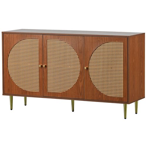 Buffet Effet Bois Noyer Avec 3 Portes En Rotin Poignées Pieds Dorés