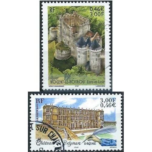 France 2001, Beaux Timbres Yvert 3386 Chateau De Nogent Le Rotrou Et 3415 Chateau De Grignan, Oblitérés, Tbe