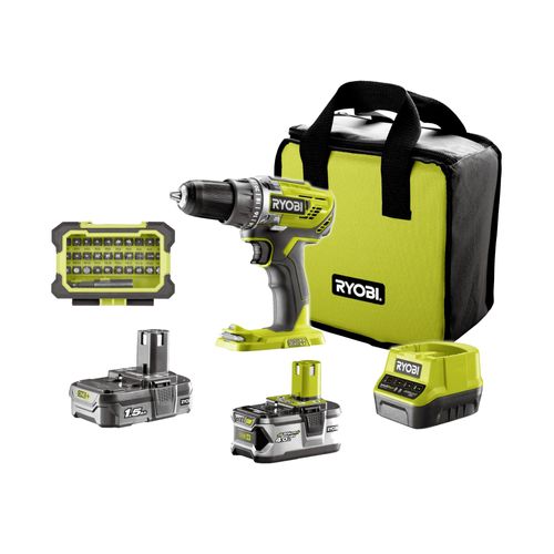 Ryobi, Perceuse-Visseuse Sans Fil 18V ONE+,2 Vitesses,50 Nm, Mandrin Autoserrant 13 mm,Led,2 Batteries (4 Ah et 1.5 Ah),1 Chargeur,1 Coffret Embouts, Sac Transport