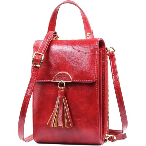 Petit Sac (rouge) Bandoulière Femme Rétro PU Cuir Sac Téléphone Portable Femmes Portefeuille avec Emplacement Pour Carte, Mini Sac à Main avec Bandoulière réglable et Nombreuses Poches