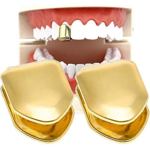 2 Pièces 14k Plaqué Or Dents Buccales, Dents Unies, Top Tooth Single Grill Cap Pour Dents Bouche, Accessoires De Fête Dents Grillades (Couleur : Or) 